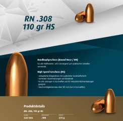 500St. H&N Geschosse .308 7,62mm 110gr 7,1g Haendler & Natermann BLEIGESCHOSSE Langwaffe 30-06 30Car