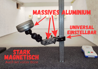 Diabolo-Dosenhalter mit Schwenkarm & Klemme — Stark magnetisch, massives Aluminium