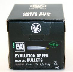50 Stück NEUE RWS Geschosse - EVO-GREEN (bleifrei) 6,5mm .264 6.5MM 93gr 6g #2407446 Teilzerleger