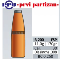 50 Stück PPU | PrviPartizan Geschosse #B-200 - .308(7,62) FSB Teilmantel 170gr/11,0g - FlatSoftPoint