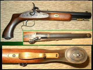 === frühe, gravierte MENDI (Spanien) Perkussions Vorderlader-Pistole im Patriot-Stiel (Sägegriff) =