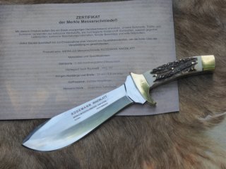 Rüdemann Waidblatt der Merkle Messerschmiede®, C440 Stahl geschmiedet, Sattellederscheide.