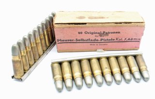 Mauser Pistole C96 Sammlerpatronen auf Ladestreifen