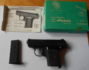 alte Schreckschuss Pistole SM Rhöner Modell 110 Cal. 8mm Platz/Gas OVP Anleitung Sammlerstück