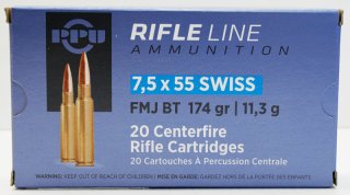 20 Schuss / 20 Patronen PPU 7,5x55 SWISS 7.5 x 55 174gr 11,3g Vollmantel FMJ BT Munition Prvi Partiz