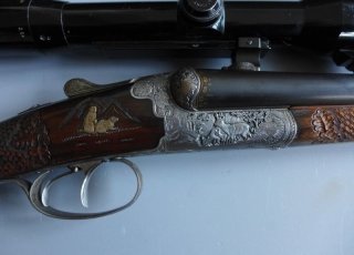 Museumsstück Niederwildwaffe Büchsflinte 9,3x72R/16er Goldfaden Davidstern Reliefgravuren