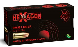 50 Schuss GECO 9mm Luger 9x19 HEXAGON JHP Hohlspitz SX Präzisionsmunition 124gr 8,0g Fangschuss NEU!