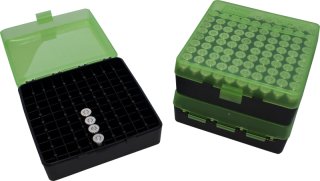 100er Patronenbox Munitionsbox MTM P-100-3-16T Grün/Schwarz mit Scharnier Kurzwaffe .38 Spec 357 Mag