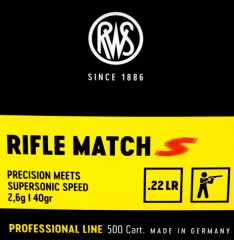 50 Stück / Schuss RWS .22 l.r. lfb KK Munition RIFLE MATCH S 40grs 2,6g LRN Blei Rundkopf 345 m/s