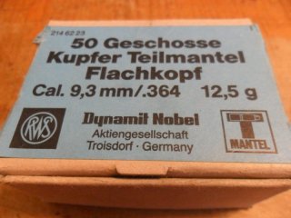 37 Stück Teilmantel Flachkopf Geschosse RWS .364 9,3 mm 12,5 g für 9,3x72R
