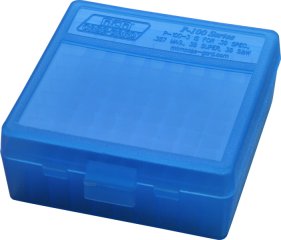 100er Patronenbox Munitionsbox MTM P-100-3-24 Blau-Klar mit Scharnier Kurzwaffe .38 Spec 357 Mag. ..