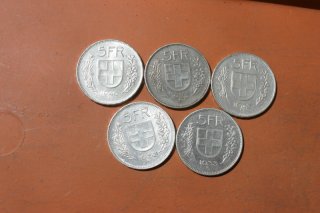 Silber Münzen 5 Franken Umlaufmünzen aus den 30ern und 40ern aus der Schweiz