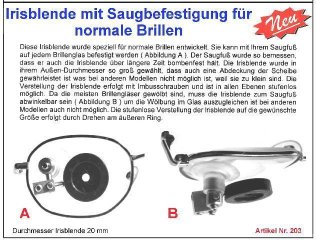 Irisblende für normale Brillen mit Saugbefestigung