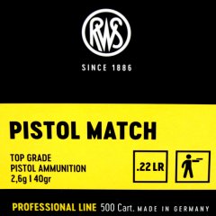 50 Stück / Schuss RWS .22 l.r. lfb KK Munition PISTOL MATCH 40grs 2,6g LRN Blei Rundkopf 275m/s