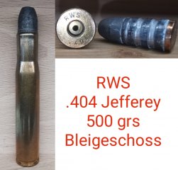 .404 Jefferey, RWS, 500grs-Gwschoss, Blei, Deko-Patrone