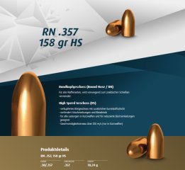 500St H&N Geschosse .357/.38 RN HS 158grs 10,24g Haendler&Naterman BLEIGESCHOSSE Rundkopf High Speed