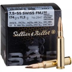 50 Schuss S&B Sellier&Bellot SuB 7,5x55 SWISS 7.5 x 55 FMJ Vollmantel 174grs 11,3g Messinghülse Boxe