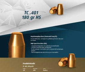 250 St. H&N Geschosse .401 .40 S&W TC HS 180grs Kegelstumpf Truncated Haendler&Natermann High Speed