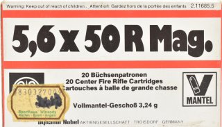 20 RWS Patronen im Kaliber 5,6x50 R Mag. -3,24g. Vollmantel