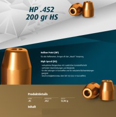250 St. H&N Geschosse .452 HP HS 200grs - 12,96g Haendler & Naterman BLEIGESCHOSSE 45 ACP Hohlspitz