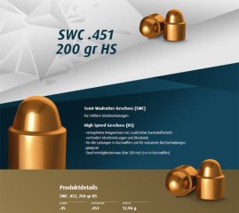 250 St. H&N Geschosse .451 SWC HS 200grs 45er Auto Haendler&Naterman BLEIGESCHOSSE Semi-Wadcutter!