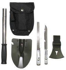 Multifunktionsset, 6 in 1, mit Tasche - Universalstiel, Beil, Spaten, Säge, Messer mit Dosenöffner