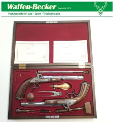 Duellpistolen-Set (Perkussionspistolen), Holzschatulle + Zubehör, Ardesa, Kal. .44 BP