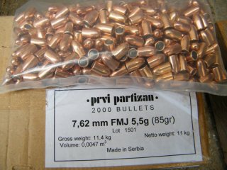 7,62mm;.3065/85grs FMJ Geschosse PPU B-012 100 stk.