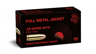 50 Schuss GECO .38 SUPER AUTO - FMJ Flat RN Vollmantel Rundkopf Pistolen Munition 124gr 8g 430m/s