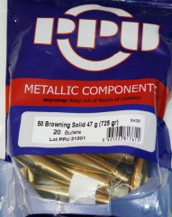 20 Stück PPU | PrviPartizan Geschosse #B-429 | .50 BMG 725grs/47,00g SOLID Match Line .50 Browning