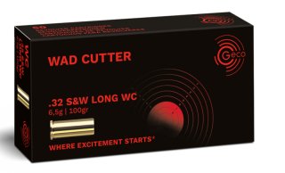 50 Schuss GECO .32 S&W LONG WC WAD CUTTER Präzisions Scheiben Munition 100gr 6,5g Revolverpatronen