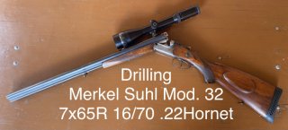 Drilling Merkel Suhl 32 7x65R 16/70 .22Hornet Schmidt & Bender 3-12x50 A4 LP