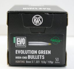50 Stück NEUE RWS Geschosse - EVO-GREEN (bleifrei) 8mm S .323 - 139gr 9,0g (#2318522) Teilzerleger