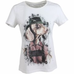 ALMTRACHT T-Shirt Damen Dackel mit Hut, weiß farbig 100% Natur-Baumwolle | Rundhals Größe: XL ca 54