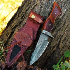 Damast Jagdmesser schöne Klingenmaserung Damast Stahl mit Lederhülle 7864507