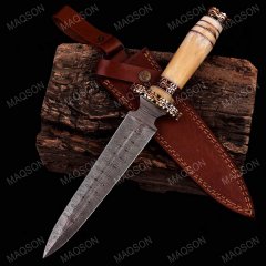 Custom Handmade Damascus Steel Hunting Bowie Knife with Bone | MAQ1772