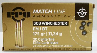 20 Schuss / 20 Patronen PPU .308 Win. MATCH A-500 175gr 11,34g FMJ BT Vollmantel Munition Partizan