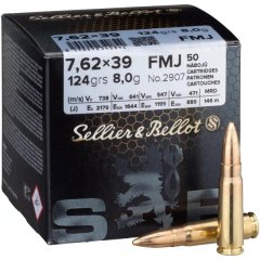 50 Schuss S&B Sellier&Bellot SuB 7,62x39 7.62 x 39 FMJ Vollmantel 123grs 8,0g Messinghülse Boxer NEU