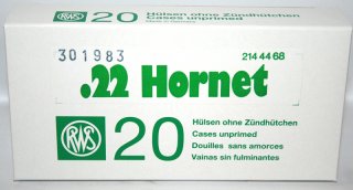 20 Stück NEUE RWS Hülsen Boxer - ungezündert - .22 Hornet ! So lange Vorrat reicht ! >TOP PREIS