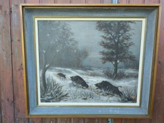 Ölgemälde Rotte Sauen im Schnee - Karl Haus (1927 - 2001) Holz / Saarland