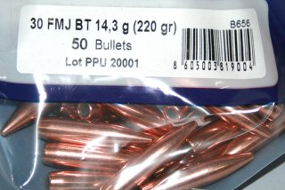 50 Stück PPU | PrviPartizan Geschosse #B-656 | Cal 30/.308 - 220grs/14,3g FMJ BT Vollmantel BoatTail