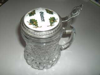 Bierkrug Glas mit Zinndeckel BMF darunter N in einem umgekehrten Dreieck. Made in W- Germany.