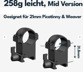 Vector Optics Hebel Stahl-Schnellmontage für 25,4 Tubus, Picatinny/Weaver BH 19,1 mm