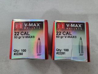 200St. HORNADY V-MAX Geschosse CAL 22 .224 :100 mit 53 gr. u. 100 mit 60 gr