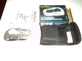 Westfalia 4 in 1 Karabiner Multifunktionswerkzeug. Multitool enthält Säge, Klinge und Taschenlampe,