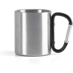 Doppelwandiger Edelstahlbecher / Tasse mit schwarzem Karabinergriff