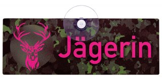 1 x Autoschild "JÄGERIN" camo/pink Hirsch | mit Saugnapf Windschutzscheibe 18x6,5cm Aluverbundplatte