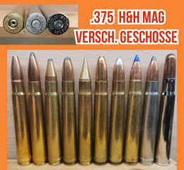 .375 H&H Magnum, versch. Geschosse und Hülsen, Deko-Patrone