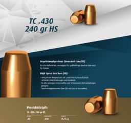 250 St. H&N Geschosse .430 .44 Rem. Mag. TC HS 240grs Kegelstumpf Truncated High Speed Bleigeschoss