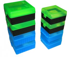 100er Patronenbox Munitionsbox von MTM mit Scharnier .17 .222 .223 Remimgton RS-100-24 BLAU / KLAR